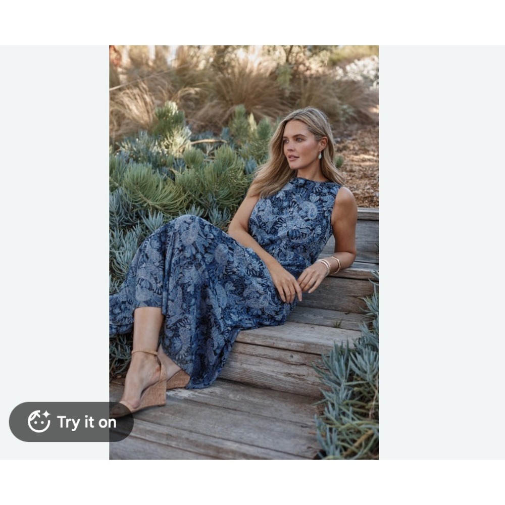 J. Jill Sleeveless Tiered Maxi Dress L Blue Paisley Cotton Cottage Peasant Beach
